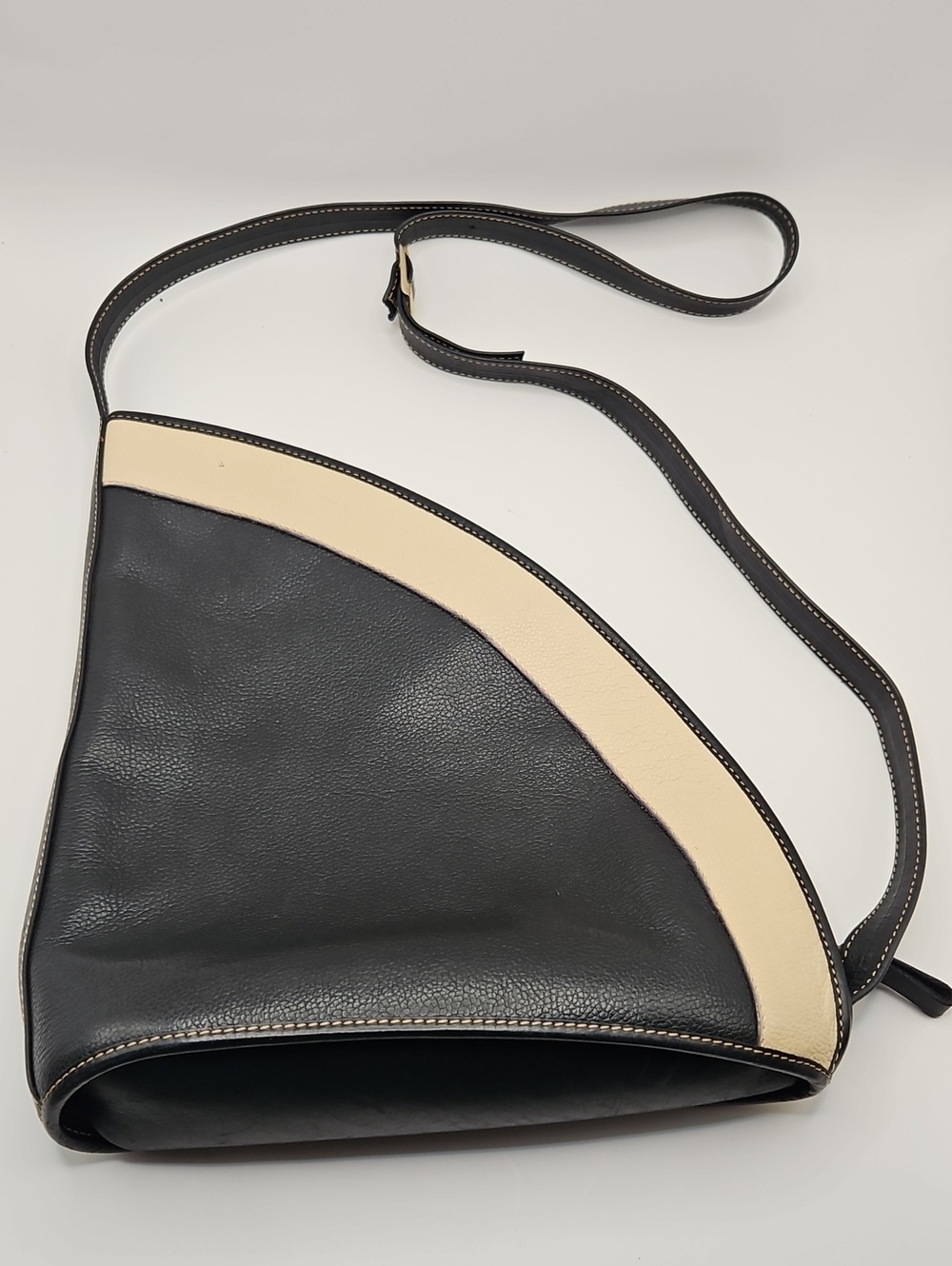 Vintage Leather Triangle Crossbody Bag in Black and Cream - Women's Shoulder Bag